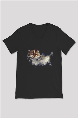 Kedi Baskılı Unisex Siyah  V Yaka Tişört