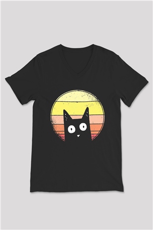 Kedi Baskılı Unisex Siyah  V Yaka Tişört