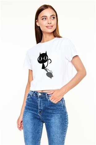 Kedi Beyaz Croptop Tişört