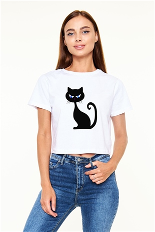 Kedi Beyaz Croptop Tişört