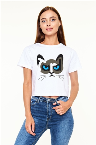 Kedi Beyaz Croptop Tişört