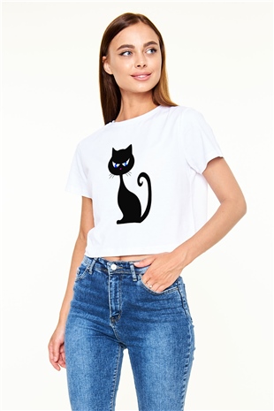 Kedi Beyaz Croptop Tişört