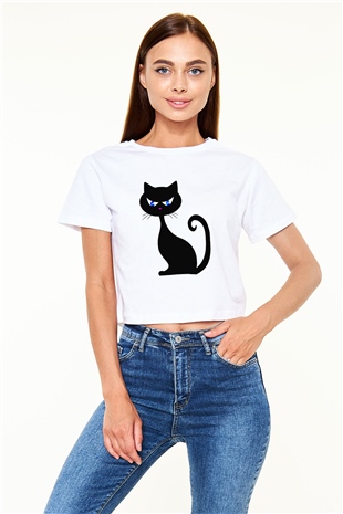Kedi Beyaz Croptop Tişört