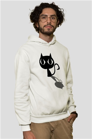 Kedi Beyaz Unisex Kapşonlu Sweatshirt