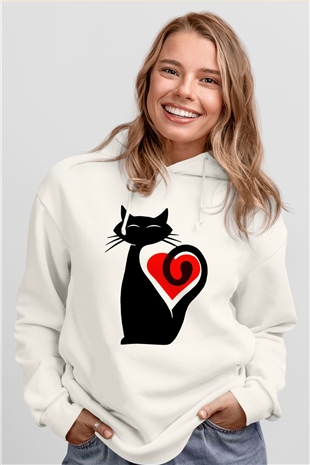 Kedi Beyaz Unisex Kapşonlu Sweatshirt