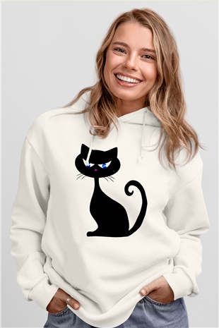 Kedi Beyaz Unisex Kapşonlu Sweatshirt