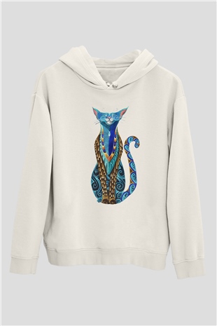 Kedi Beyaz Unisex Kapşonlu Sweatshirt
