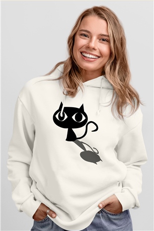 Kedi Beyaz Unisex Kapşonlu Sweatshirt