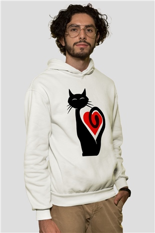 Kedi Beyaz Unisex Kapşonlu Sweatshirt