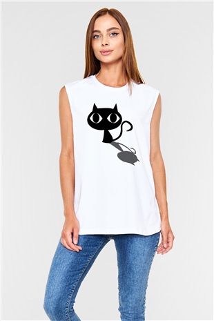 Kedi Beyaz Unisex Kolsuz Tişört