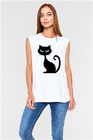 Kedi Beyaz Unisex Kolsuz Tişört