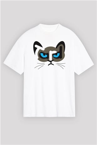 Kedi Beyaz Unisex Oversize Tişört T-Shirt