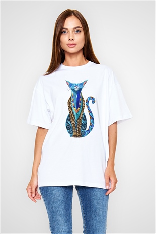 Kedi Beyaz Unisex Oversize Tişört T-Shirt