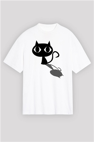 Kedi Beyaz Unisex Oversize Tişört T-Shirt