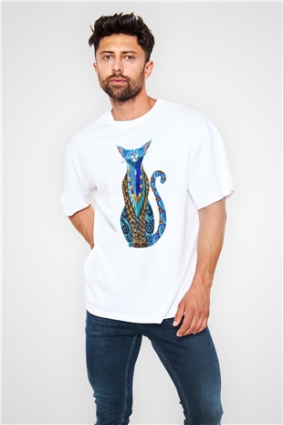 Kedi Beyaz Unisex Oversize Tişört T-Shirt