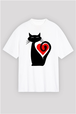 Kedi Beyaz Unisex Oversize Tişört T-Shirt