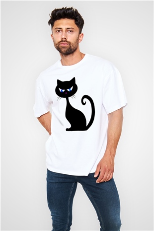 Kedi Beyaz Unisex Oversize Tişört T-Shirt