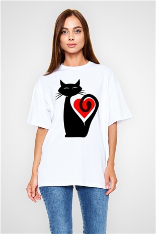 Kedi Beyaz Unisex Oversize Tişört T-Shirt