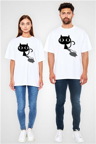 Kedi Beyaz Unisex Oversize Tişört T-Shirt