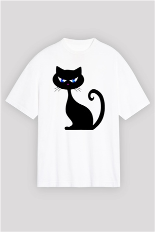 Kedi Beyaz Unisex Oversize Tişört T-Shirt