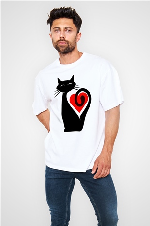 Kedi Beyaz Unisex Oversize Tişört T-Shirt