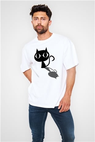 Kedi Beyaz Unisex Oversize Tişört T-Shirt
