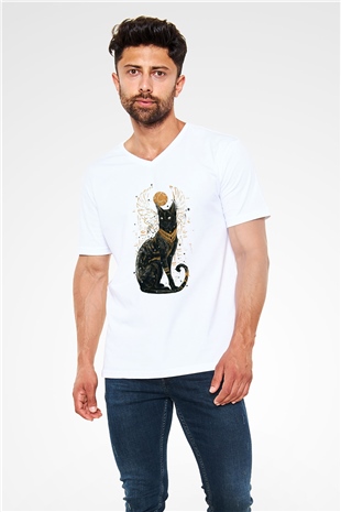 Kedi Beyaz Unisex V Yaka Tişört