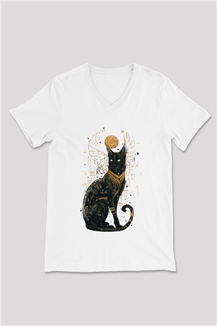 Kedi Beyaz Unisex V Yaka Tişört