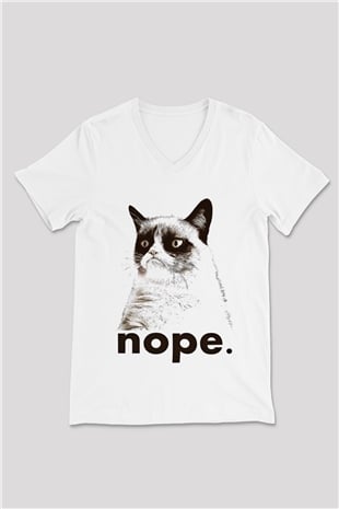 Kedi Beyaz Unisex V Yaka Tişört T-Shirt