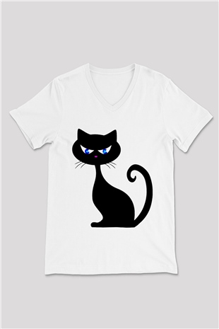 Kedi Beyaz Unisex V Yaka Tişört T-Shirt