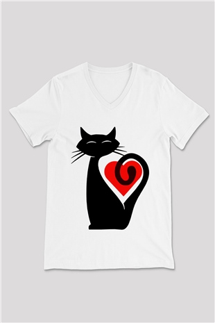 Kedi Beyaz Unisex V Yaka Tişört T-Shirt