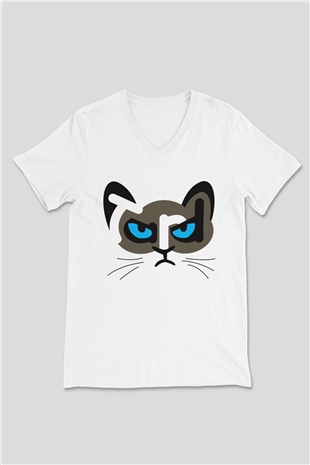Kedi Beyaz Unisex V Yaka Tişört T-Shirt