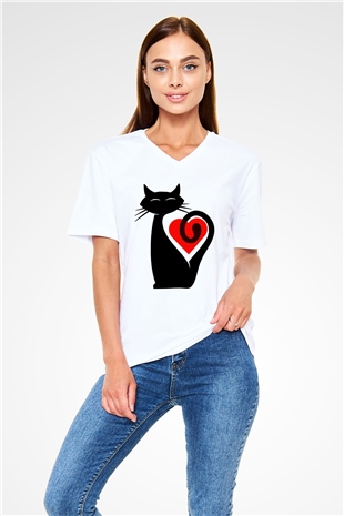 Kedi Beyaz Unisex V Yaka Tişört T-Shirt