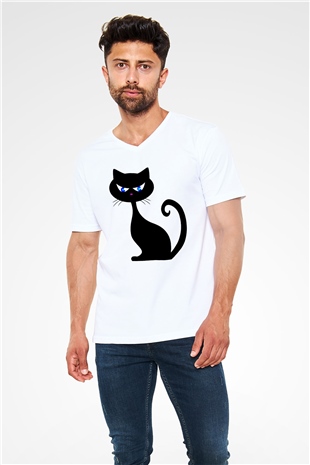 Kedi Beyaz Unisex V Yaka Tişört T-Shirt