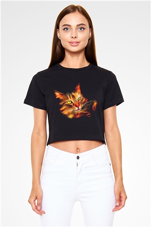 Kedi Siyah Crop Top Tişört