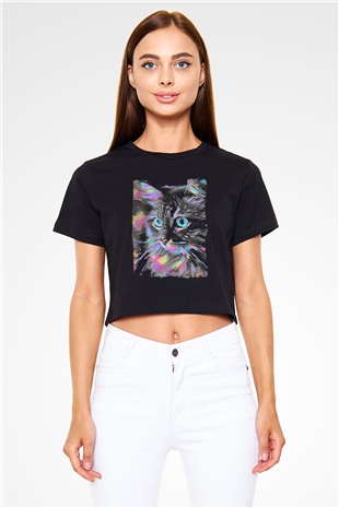 Kedi Siyah  Crop Top Tişört
