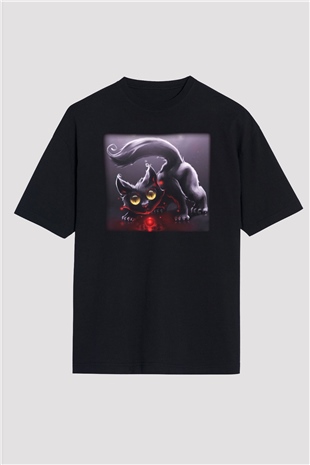 Kedi Siyah Unisex Oversize Tişört T-Shirt