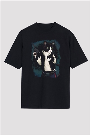 Kedi Siyah Unisex Oversize Tişört T-Shirt
