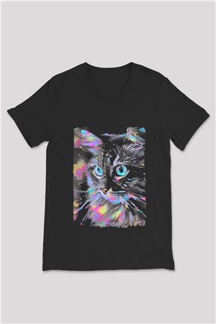 Kedi Siyah Unisex V Yaka Tişört