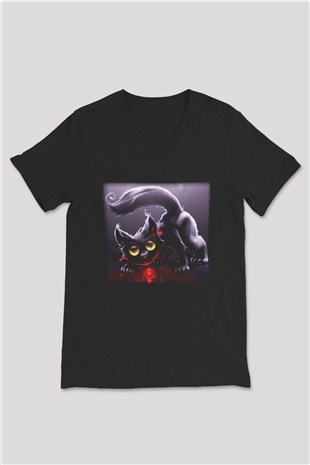 Kedi Siyah Unisex V Yaka Tişört T-Shirt