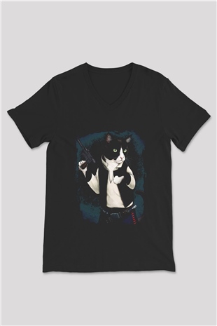Kedi Siyah Unisex V Yaka Tişört T-Shirt