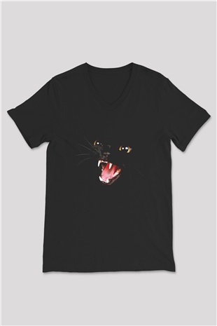 Kedi Siyah Unisex V Yaka Tişört T-Shirt