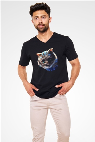 Kedi Siyah Unisex V Yaka Tişört T-Shirt
