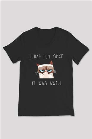 Kedi Siyah Unisex V Yaka Tişört T-Shirt