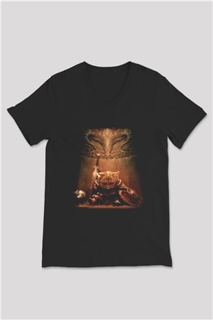 Kedi Siyah Unisex V Yaka Tişört T-Shirt
