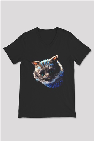 Kedi Siyah Unisex V Yaka Tişört T-Shirt