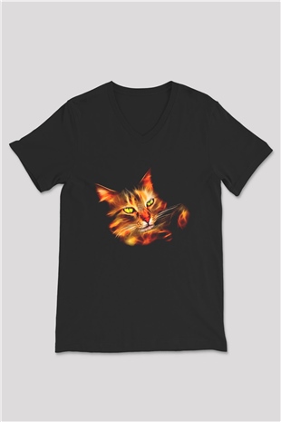 Kedi Siyah Unisex V Yaka Tişört T-Shirt