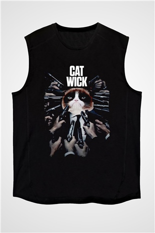Kedi Wick Baskılı Unisex Siyah  Kolsuz Tişört