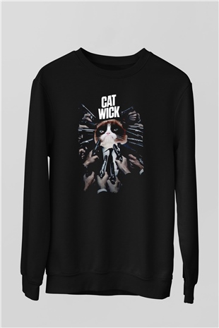 Kedi Wick Baskılı Unisex Siyah  Sweatshirt