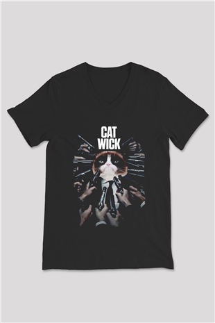 Kedi Wick Baskılı Unisex Siyah  V Yaka Tişört